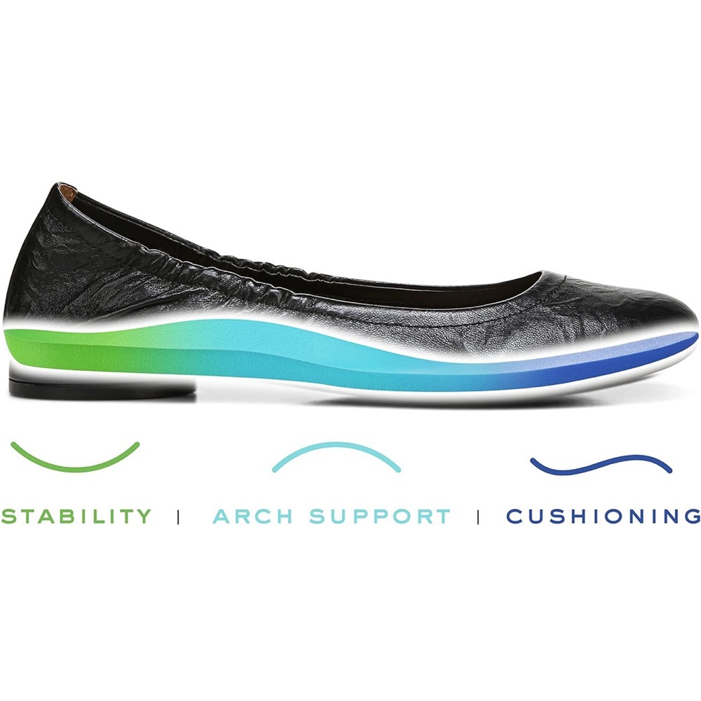 Vionic Alexa Black Leather Slip On Elastic Topline Ballet Flats - Picture 2 of 12